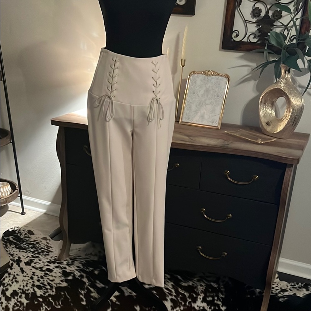 Tibi Cream Straight Leg High-Waisted Pants